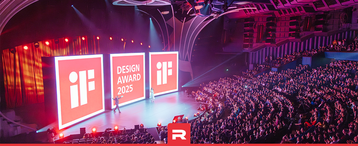 Stage at the iF Design Award 2025 ceremony in Berlin, featuring large screens and a packed audience during the award presentation.